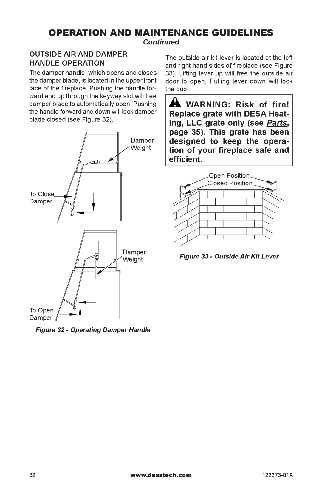 Desa WCM-50J, WCM-36J, WCM-42J, (V)JM36, (V)JM50 SERIES Outside air and damper handle operation, Outside Air Kit Lever 