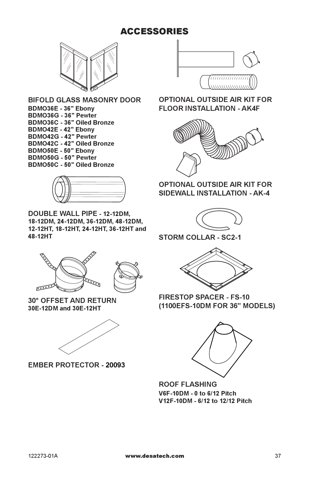 Desa WCM-50J, WCM-36J, WCM-42J Accessories, BiFold Glass Masonry Door Optional Outside air kit for, Floor installation ak4f 