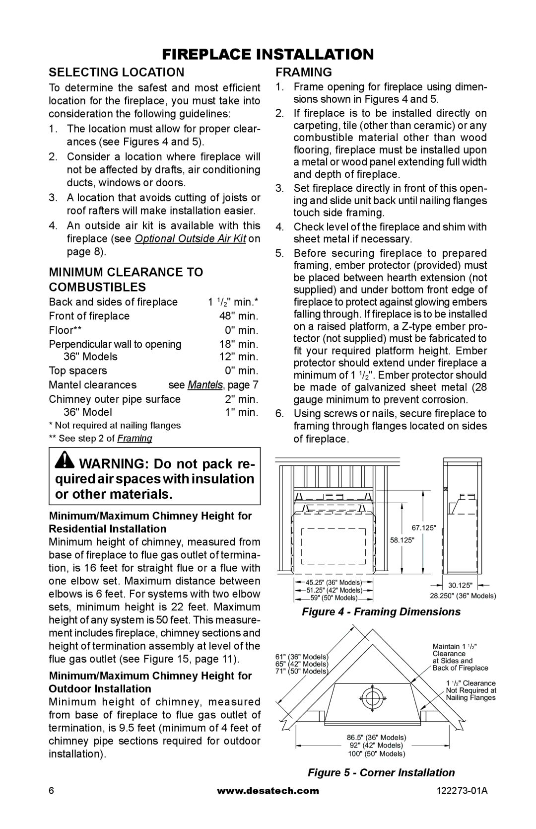 Desa WCM-42J, WCM-36J, WCM-50J Fireplace Installation, Selecting location, Minimum clearance to combustibles, Framing 