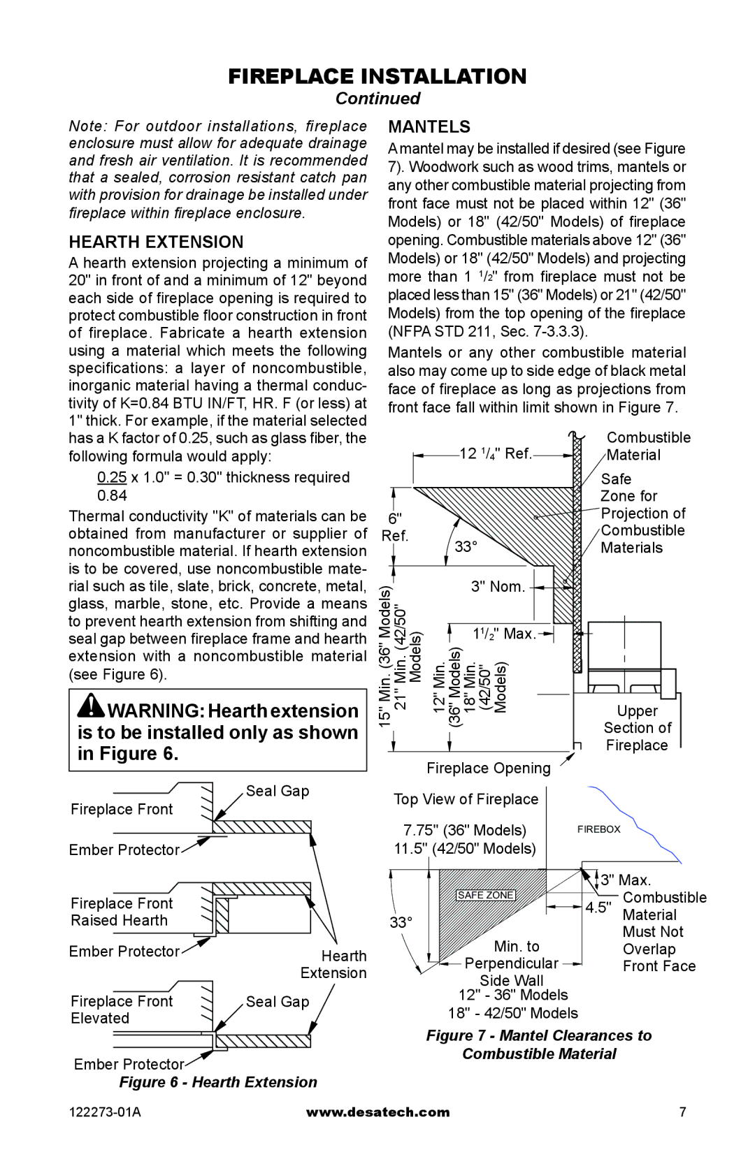 Desa WCM-50J, WCM-36J, WCM-42J, (V)JM36, (V)JM50 SERIES installation manual Hearth Extension, Mantels 