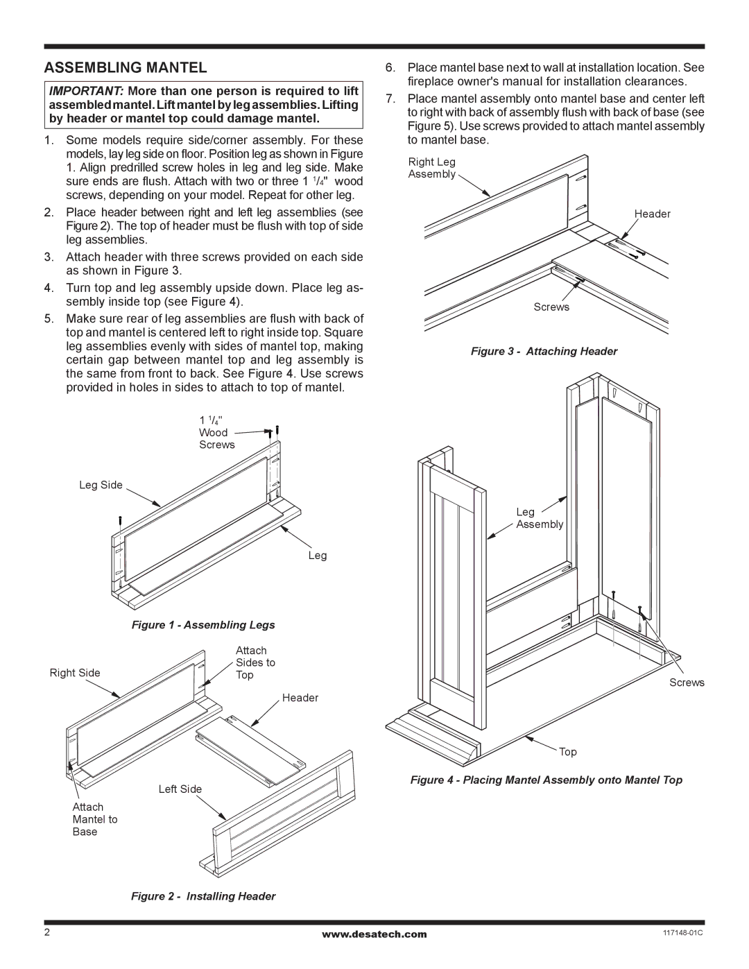 Desa WD26CP installation instructions Assembling Mantel, Assembling Legs 