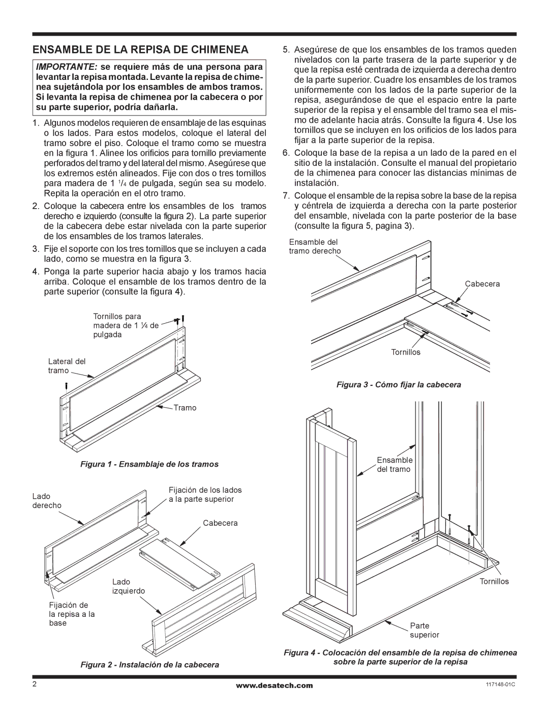 Desa WD26CP installation instructions Ensamble de la repisa de chimenea, Figura 1 Ensamblaje de los tramos 