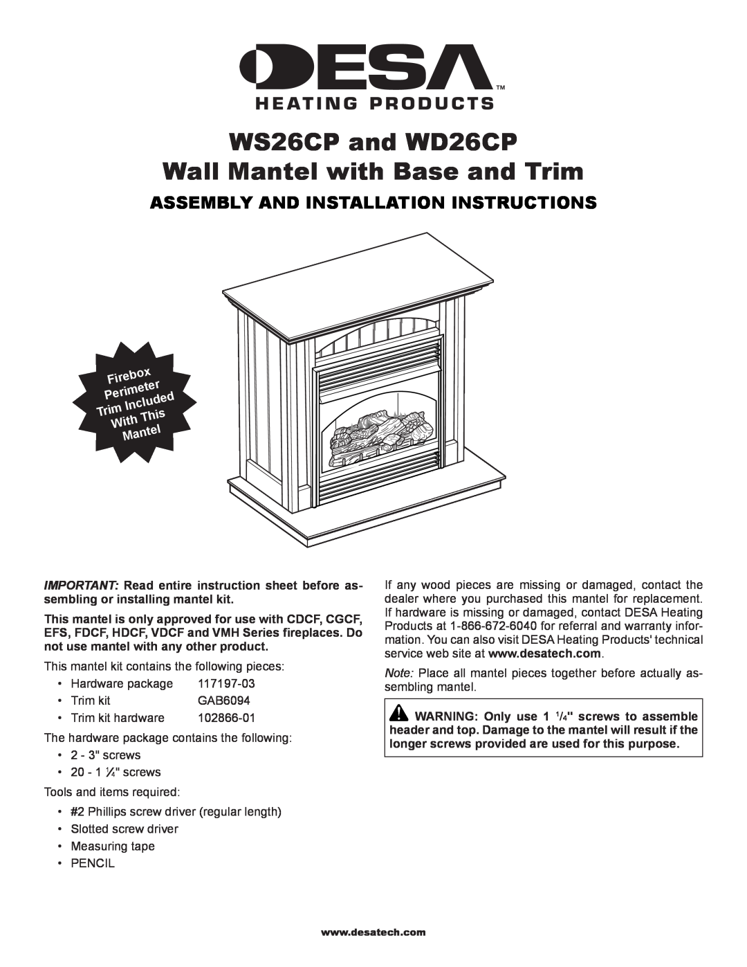 Desa installation instructions WS26CP and WD26CP Wall Mantel with Base and Trim, Assembly And Installation Instructions 