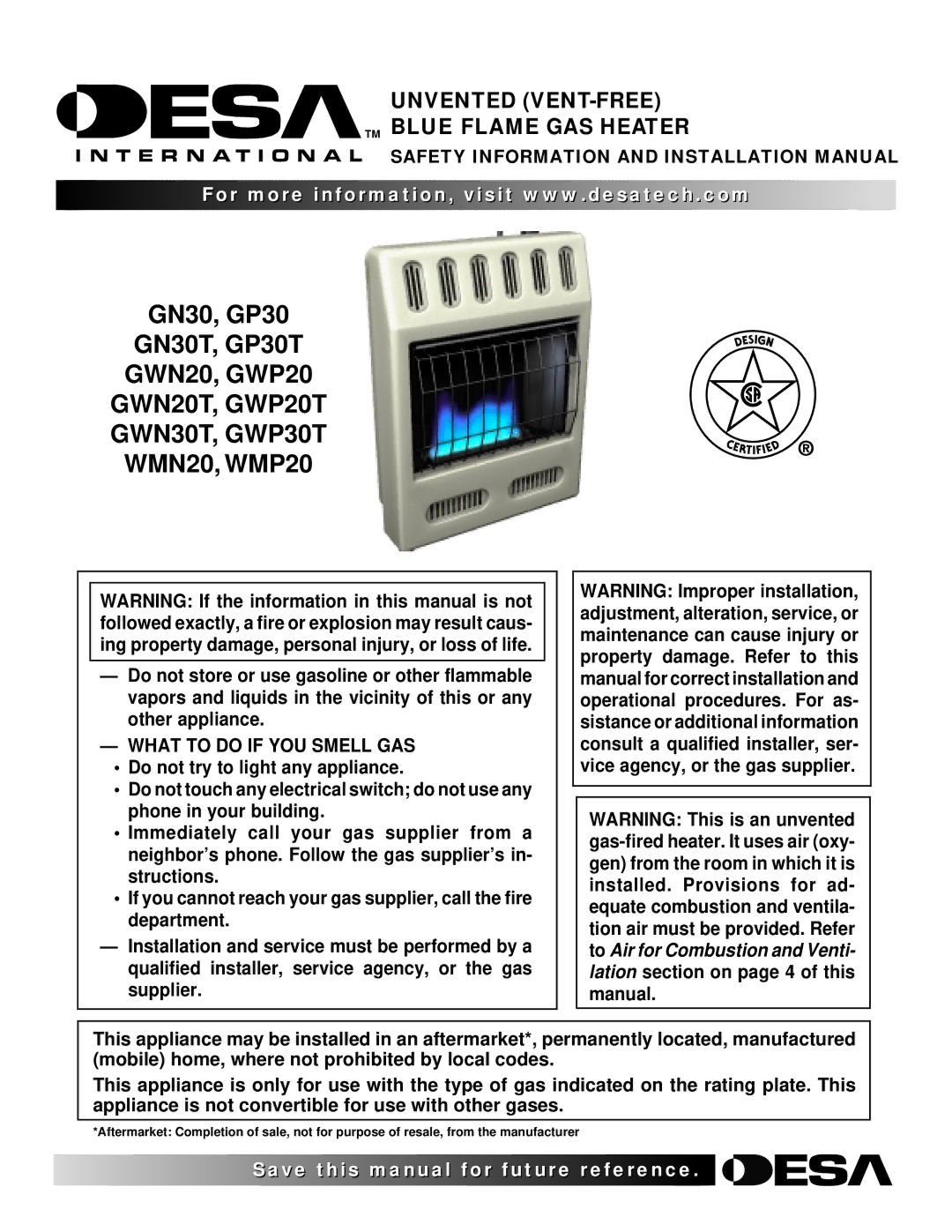 Desa WMP20, GP30 GN30T, GWP20 GWN20T installation manual GWN20T, GWP20T GWN30T, GWP30T, What to do if YOU Smell GAS 