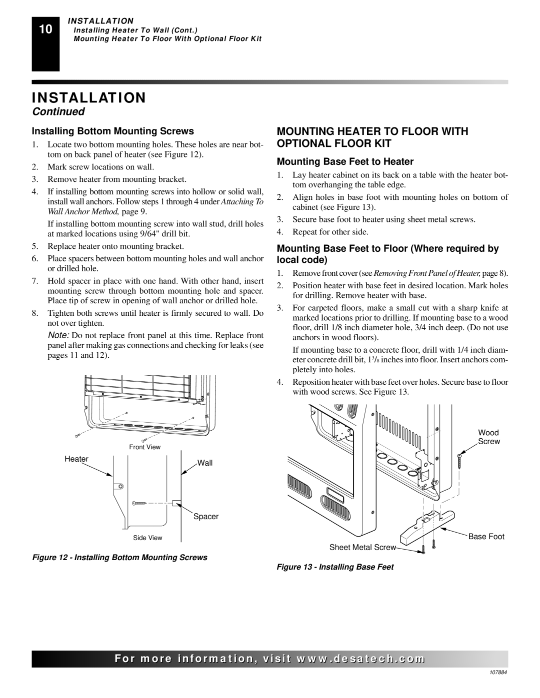 Desa GWP20 GWN20T, WMP20, GN30 Mounting Heater to Floor with Optional Floor KIT, Installing Bottom Mounting Screws 