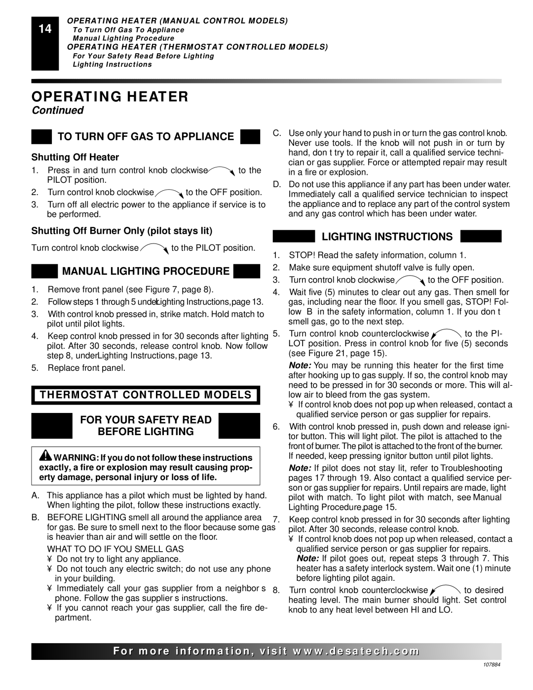 Desa WMP20, GP30 GN30T, GWP20 GWN20T To Turn OFF GAS to Appliance, Manual Lighting Procedure, Shutting Off Heater 