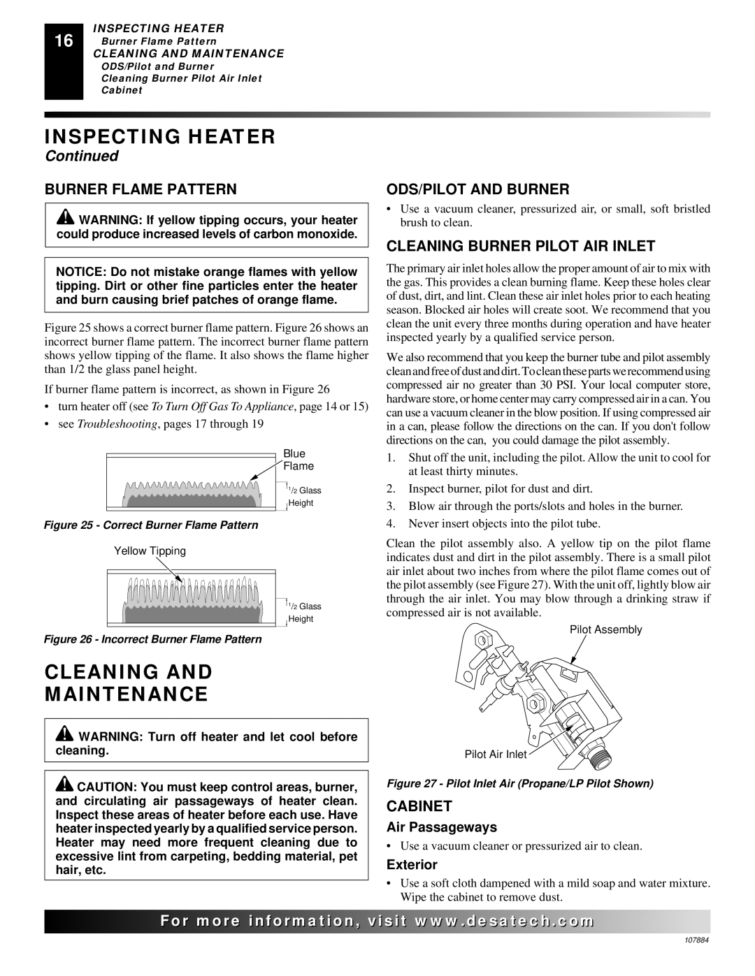 Desa GP30 GN30T, WMP20, GWP20 GWN20T Cleaning Maintenance, Burner Flame Pattern, Cleaning Burner Pilot AIR Inlet, Cabinet 