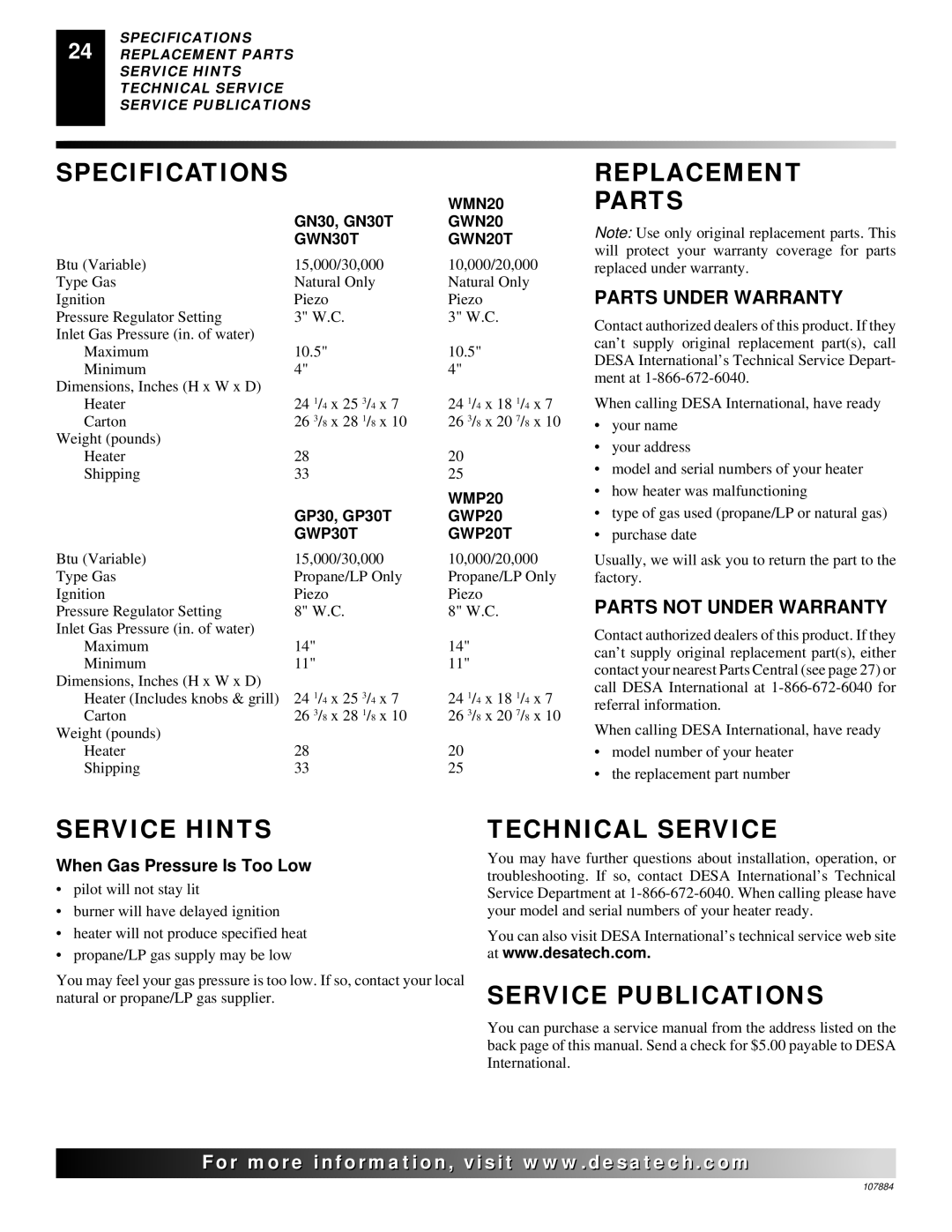 Desa GWP20 GWN20T, WMP20, GN30 Specifications, Replacement Parts, Service Hints, Technical Service, Service Publications 