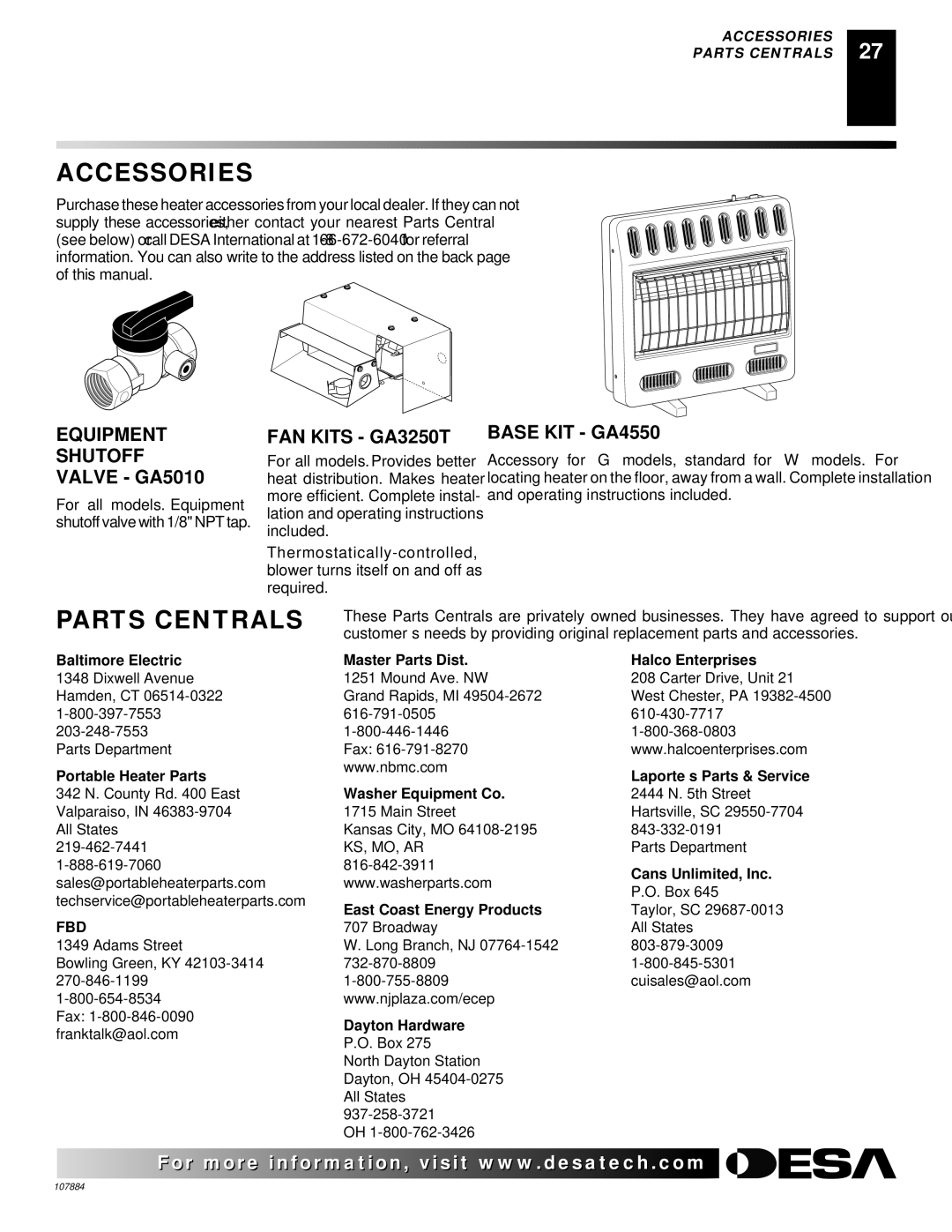 Desa GP30T GWN20, WMP20 Accessories, Parts Centrals, Equipment Shutoff Valve GA5010, FAN Kits GA3250T, Base KIT GA4550 