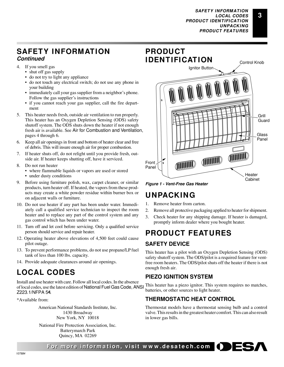 Desa GWP20 GWN20T, WMP20, GN30 Safety Information Product Identification, Local Codes, Unpacking, Product Features 