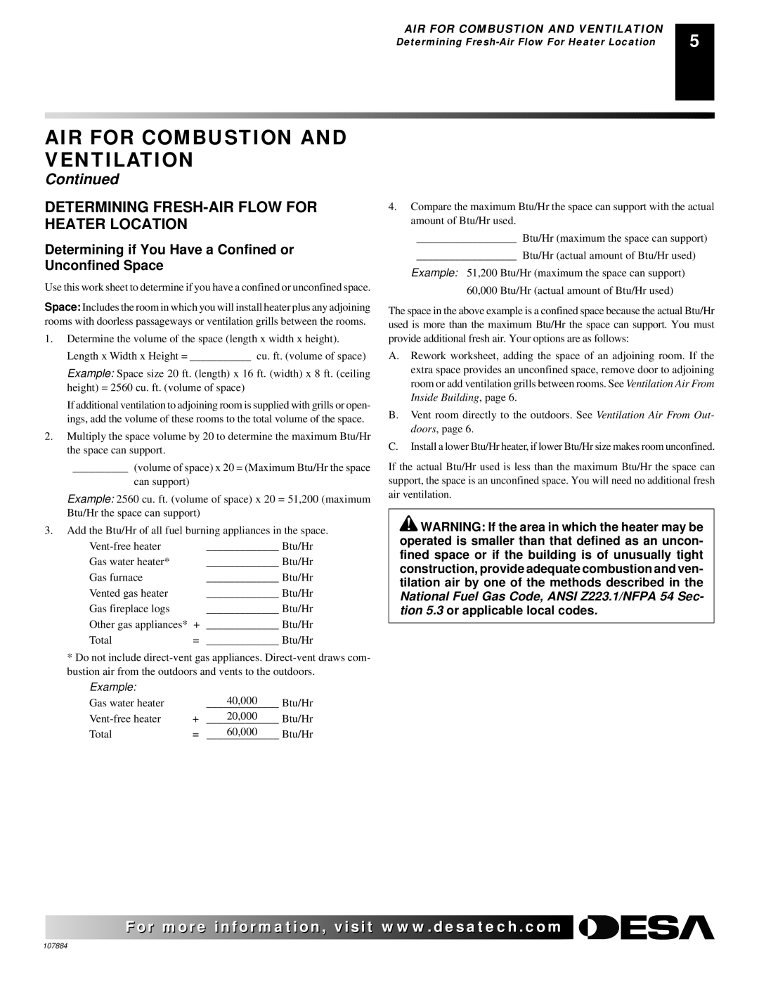 Desa GWP30T WMN20 Determining FRESH-AIR Flow for Heater Location, Determining if You Have a Confined or Unconfined Space 