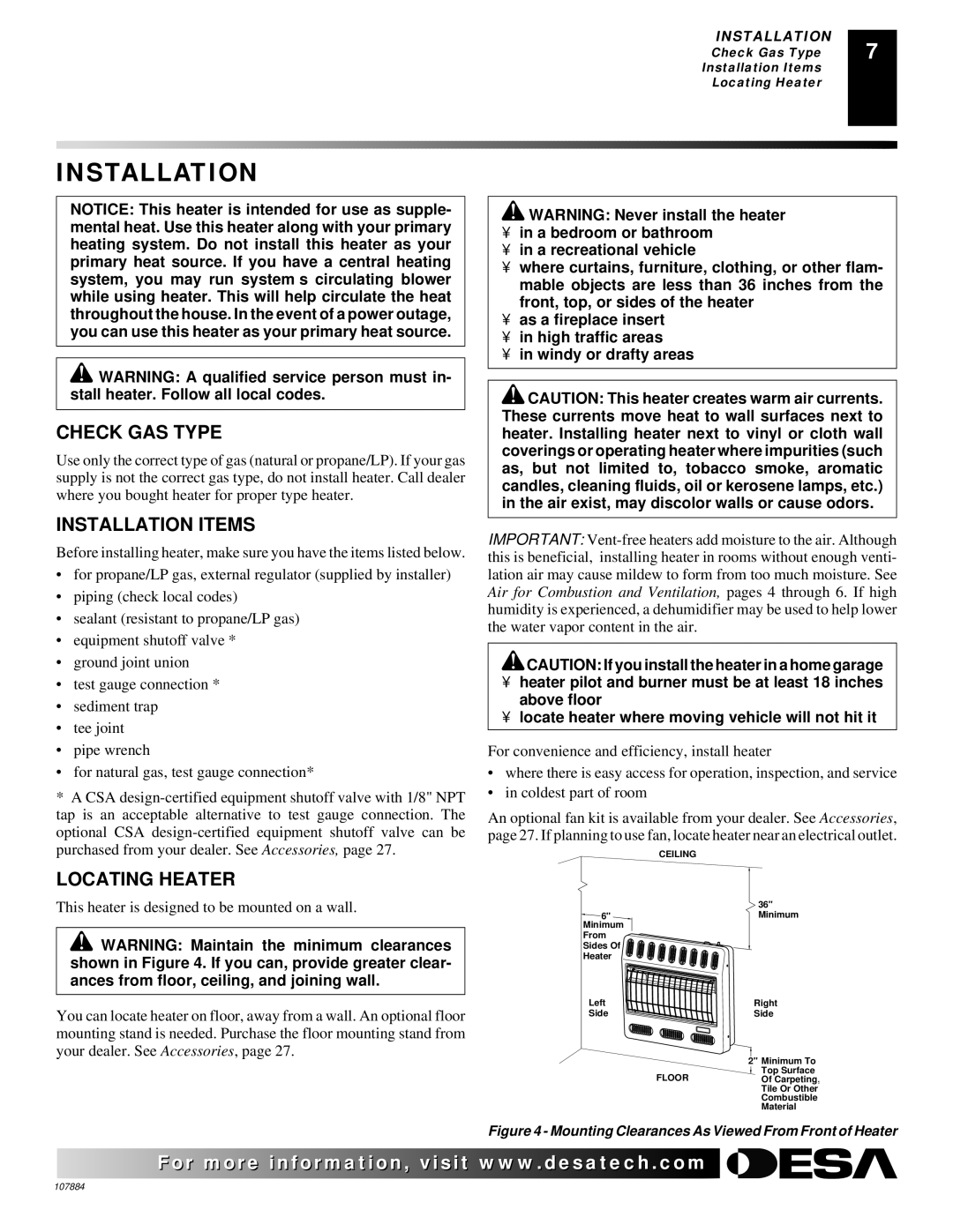 Desa WMP20, GP30 GN30T, GWP20 GWN20T, GWP20T GWN30T, GWP30T WMN20 Check GAS Type, Installation Items, Locating Heater 