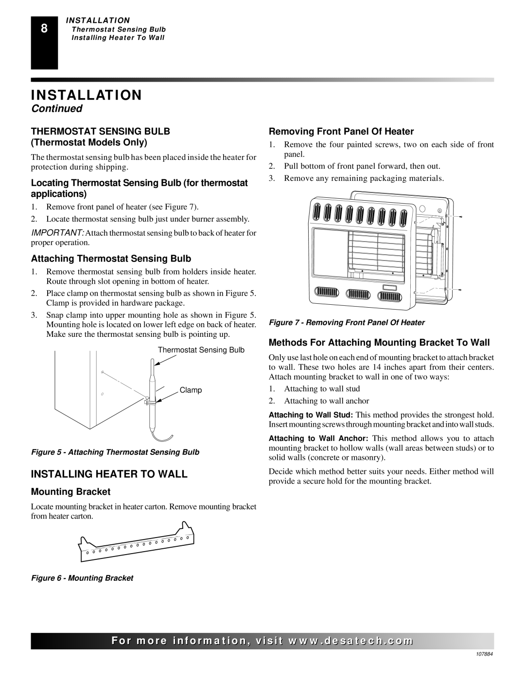 Desa GN30 Installing Heater to Wall, Attaching Thermostat Sensing Bulb, Mounting Bracket, Removing Front Panel Of Heater 