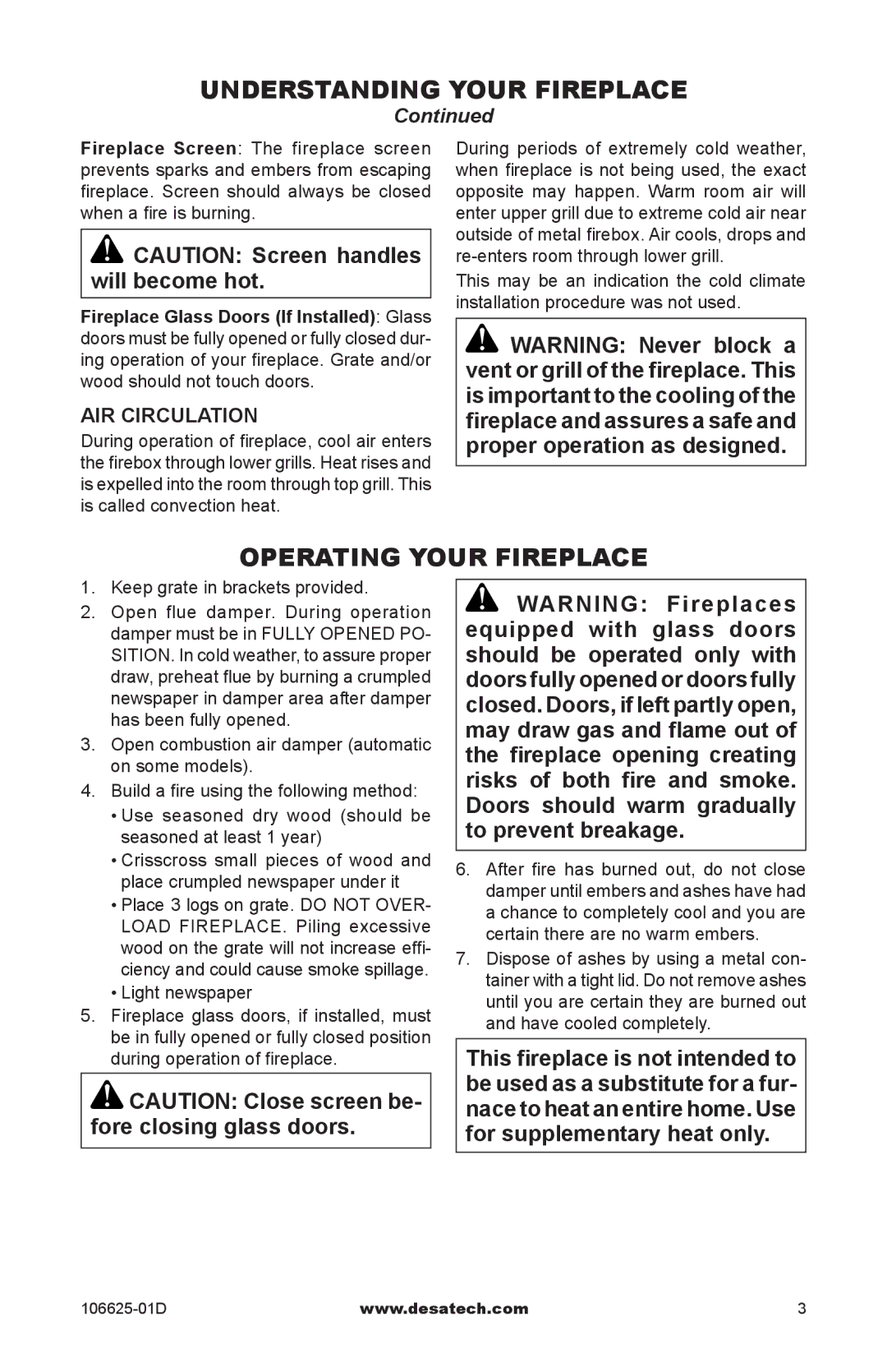 Desa Wood Burning Fireplace warranty Operating Your Fireplace, Air circulation 