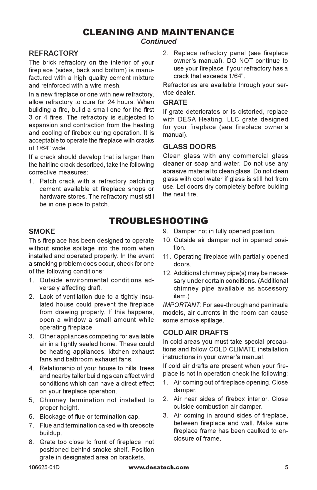 Desa Wood Burning Fireplace warranty Troubleshooting, Refractory, Grate Glass Doors, Smoke, Cold Air Drafts 