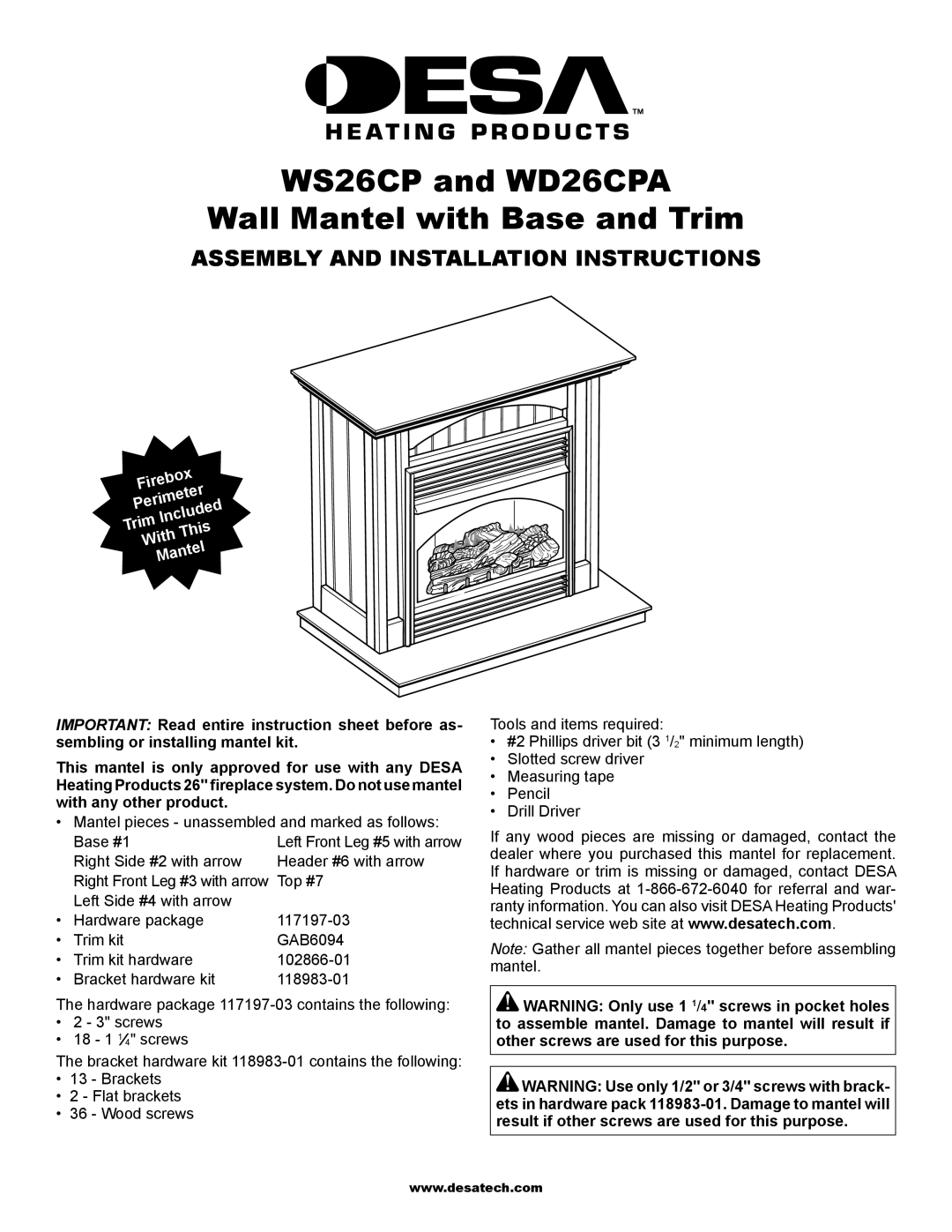 Desa installation instructions WS26CP and WD26CPA Wall Mantel with Base and Trim 