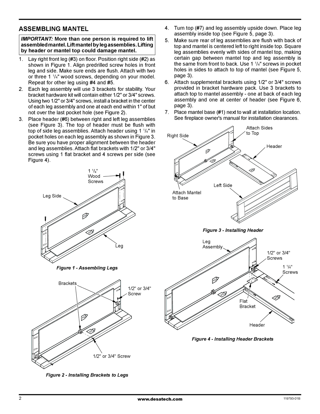 Desa WS26CP, WD26CPA installation instructions Assembling Mantel, Place header #6 between right and left leg assemblies 