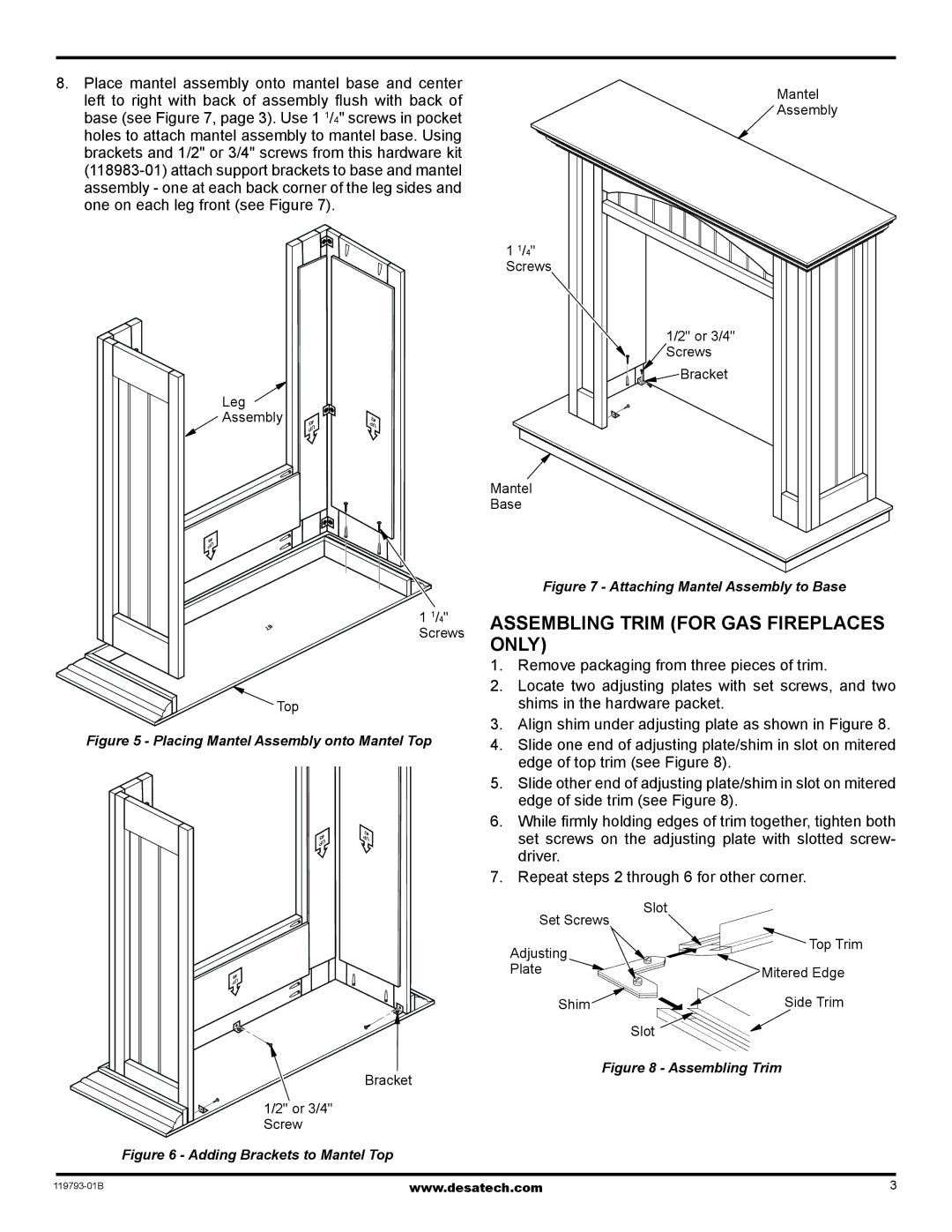 Desa WD26CPA, WS26CP Assembling Trim for gas fireplaces only, Placing Mantel Assembly onto Mantel Top 