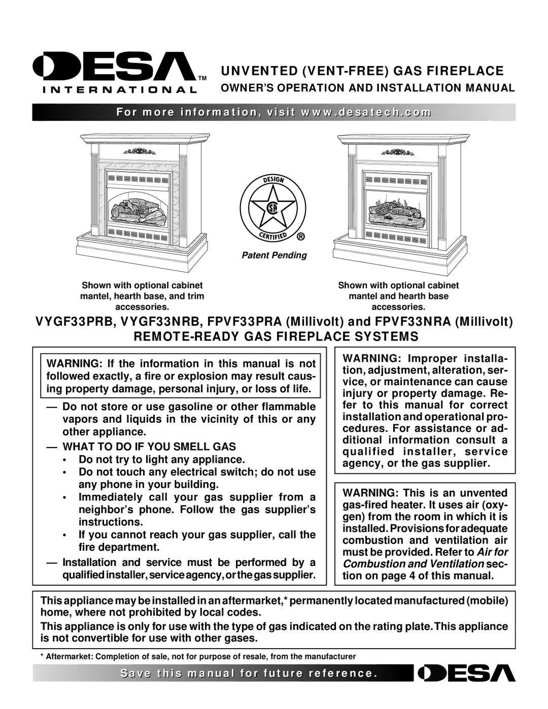 Desa FPVF33NRA, YGF33PRB installation manual Qqqq ¢¢¢¢, What to do if YOU Smell GAS 