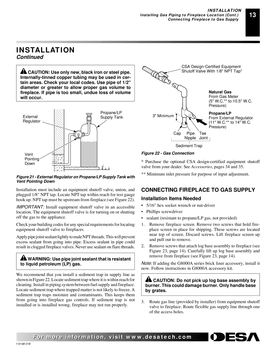 Desa FPVF33NRA, YGF33PRB installation manual Connecting Fireplace to GAS Supply, Gas Connection 