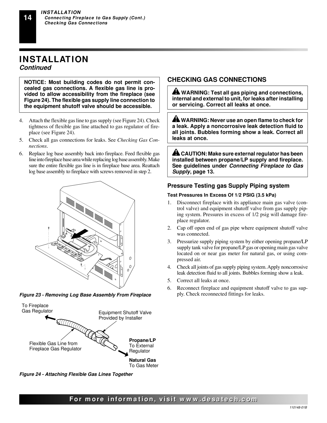 Desa YGF33PRB, FPVF33NRA installation manual Checking GAS Connections, Pressure Testing gas Supply Piping system 