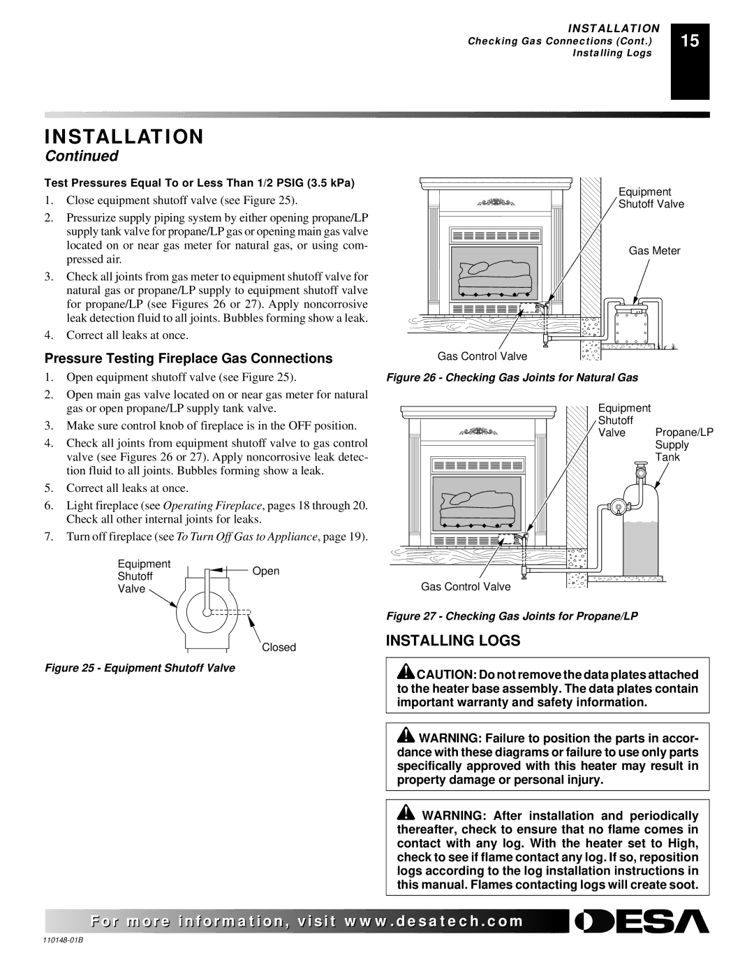 Desa FPVF33NRA, YGF33PRB installation manual Installing Logs, Pressure Testing Fireplace Gas Connections 