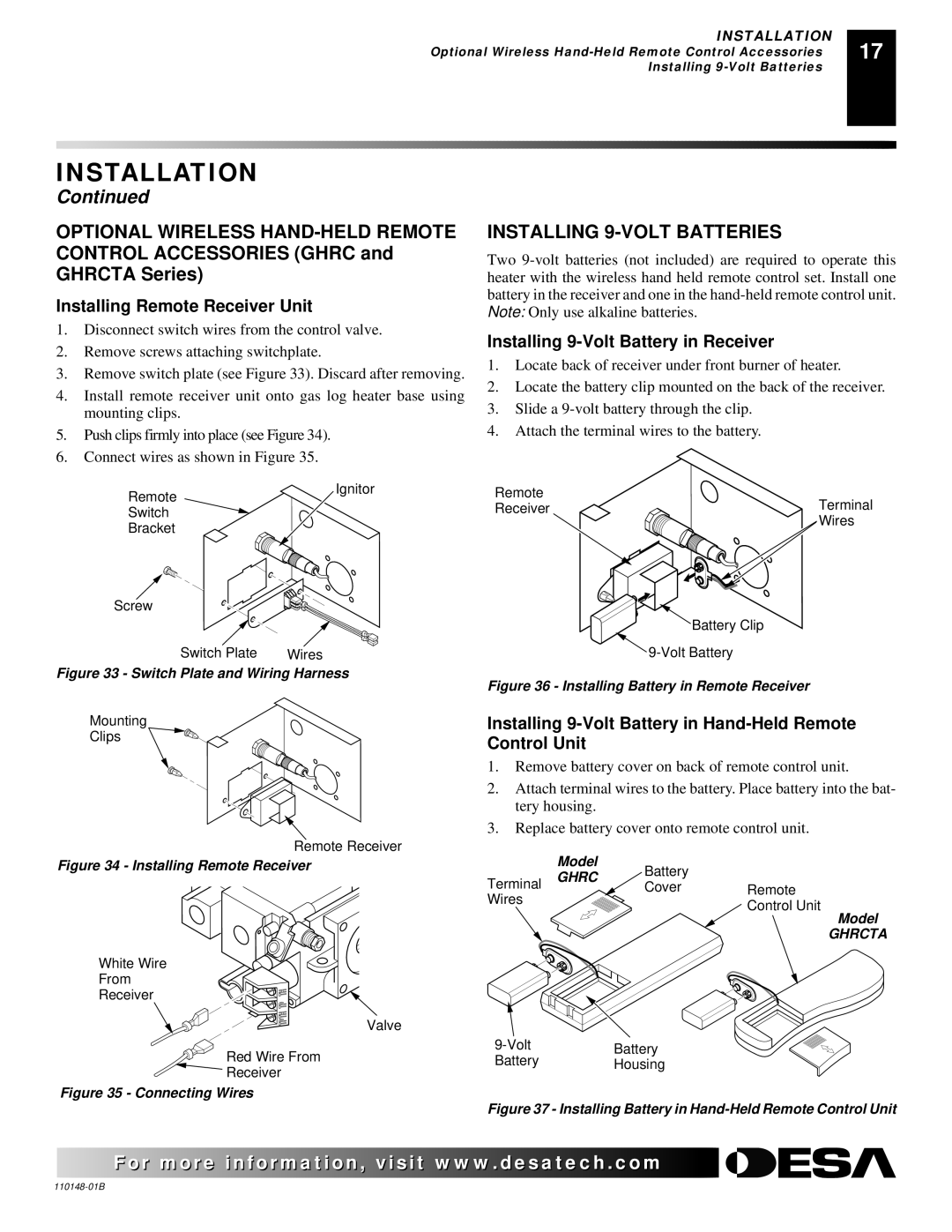 Desa FPVF33NRA, YGF33PRB Optional Wireless HAND-HELD Remote, Installing 9-VOLT Batteries, Installing Remote Receiver Unit 