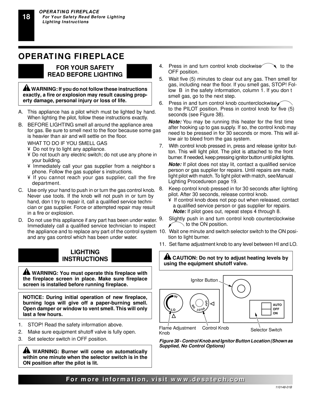 Desa YGF33PRB, FPVF33NRA Operating Fireplace, For Your Safety Read Before Lighting, Lighting Instructions 