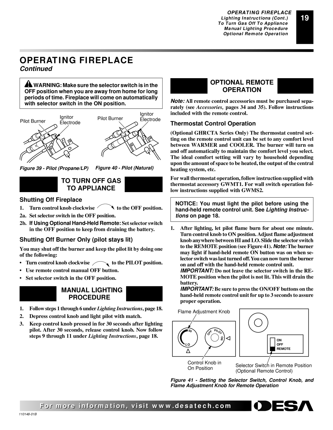 Desa FPVF33NRA, YGF33PRB To Turn OFF GAS To Appliance, Manual Lighting Procedure, Optional Remote Operation 