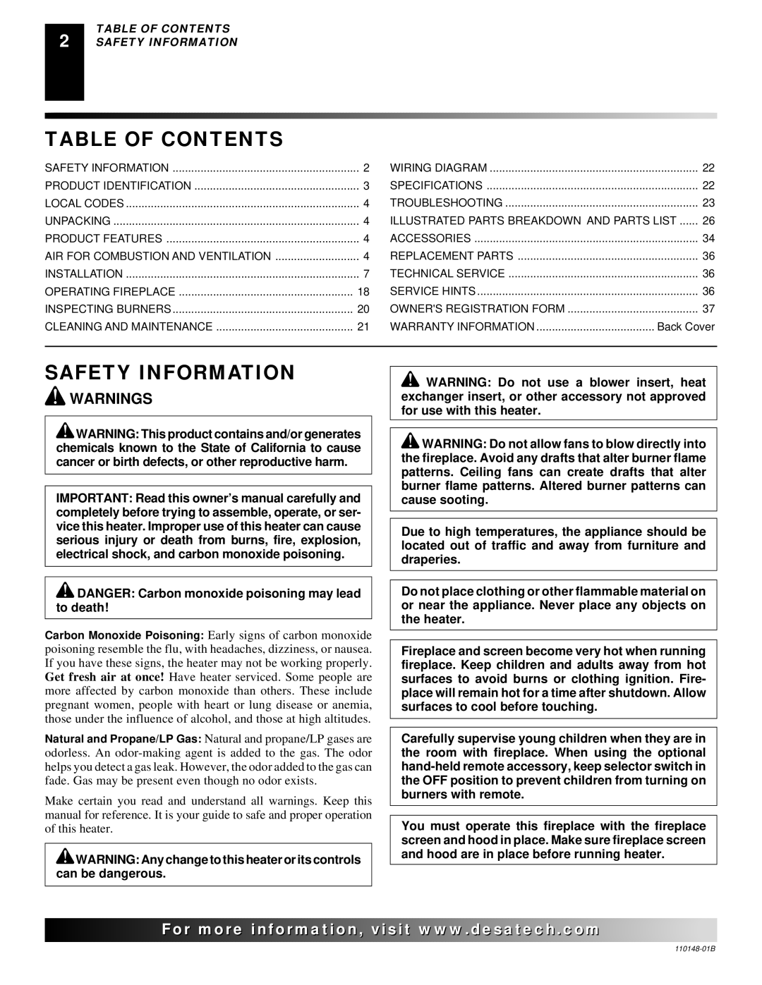 Desa YGF33PRB, FPVF33NRA installation manual Table of Contents, Safety Information 