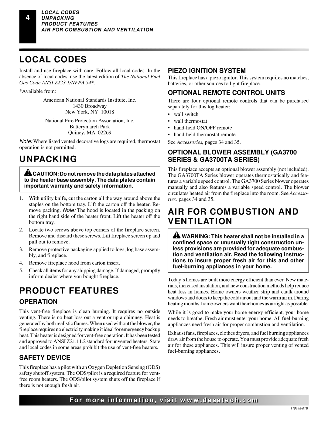 Desa YGF33PRB, FPVF33NRA installation manual Local Codes, Unpacking, Product Features, AIR for Combustion and Ventilation 