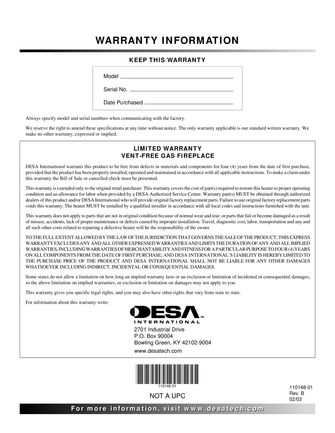 Desa YGF33PRB, FPVF33NRA installation manual Warranty Information 