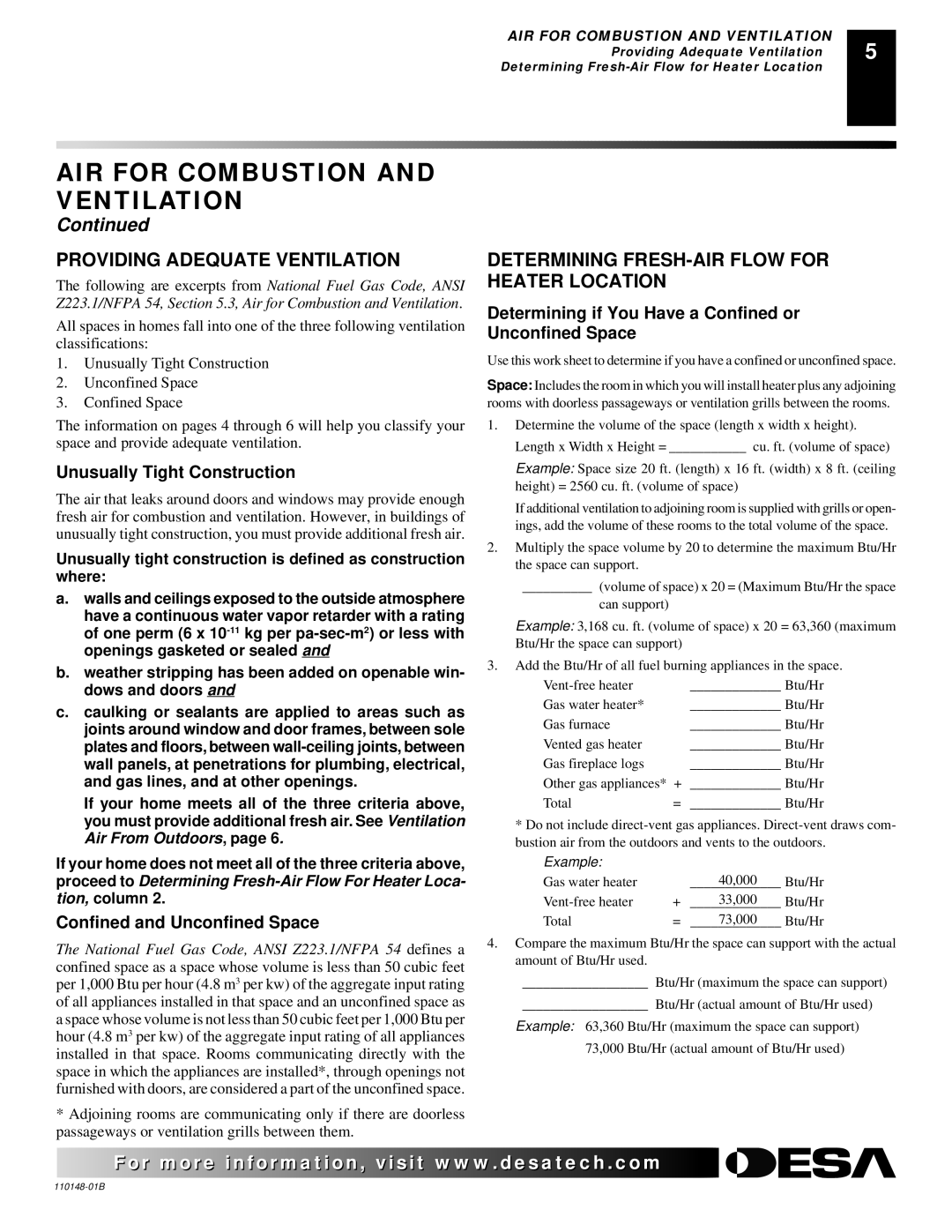 Desa FPVF33NRA, YGF33PRB installation manual Providing Adequate Ventilation, Determining FRESH-AIR Flow for Heater Location 