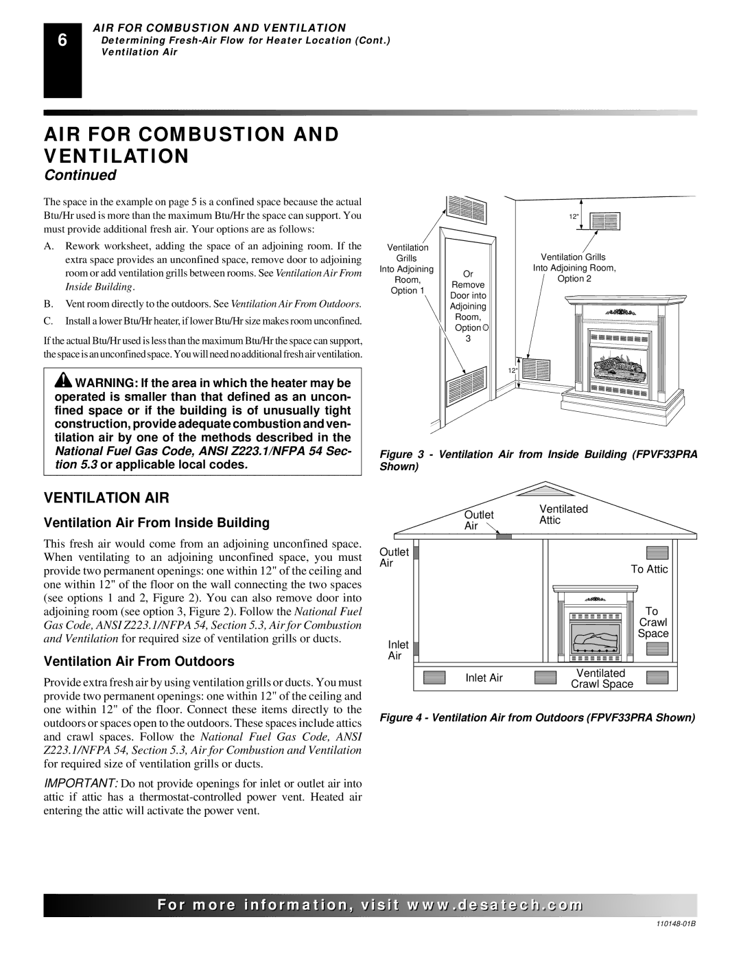 Desa YGF33PRB, FPVF33NRA Ventilation AIR, Ventilation Air From Inside Building, Ventilation Air From Outdoors 