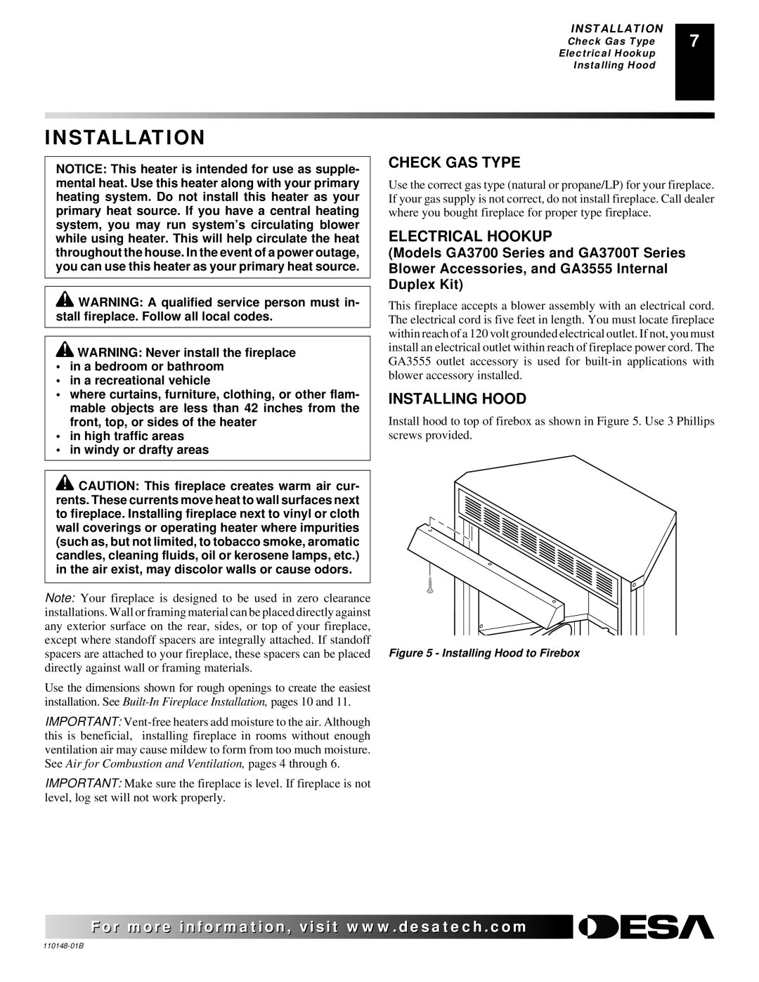 Desa FPVF33NRA, YGF33PRB installation manual Installation, Check GAS Type, Electrical Hookup, Installing Hood 