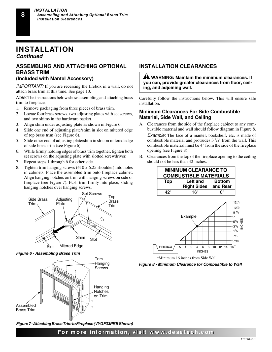 Desa YGF33PRB Assembling and Attaching Optional Brass Trim, Installation Clearances, Included with Mantel Accessory 