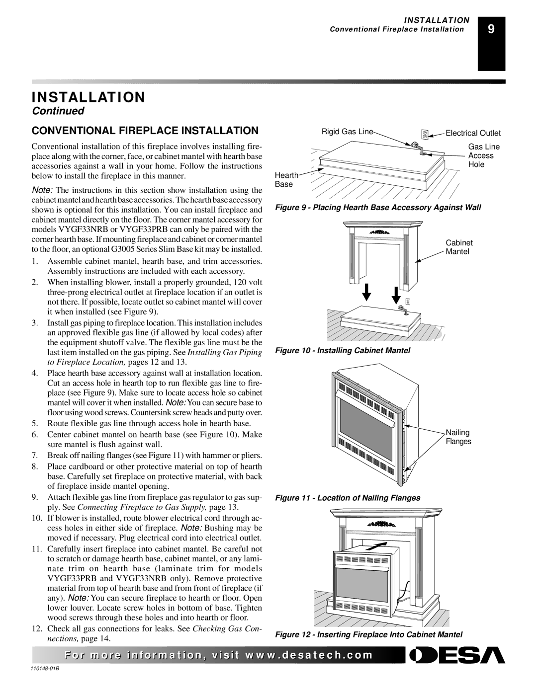 Desa FPVF33NRA, YGF33PRB installation manual Conventional Fireplace Installation, Placing Hearth Base Accessory Against Wall 