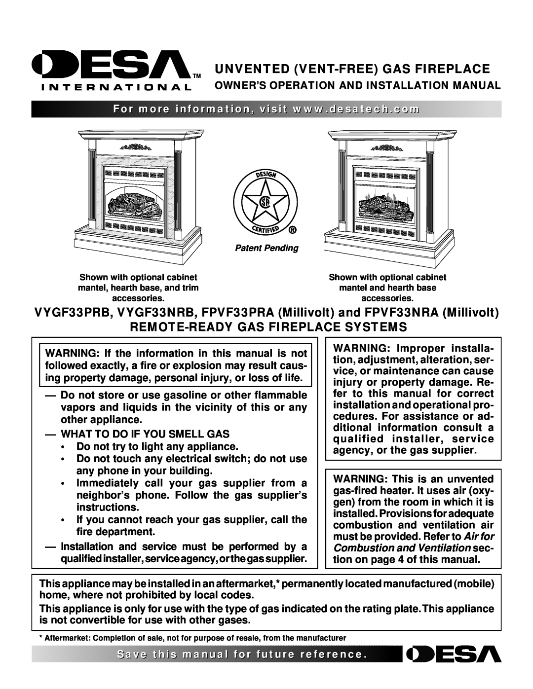 Desa FPVF33NRA installation manual Owner’S Operation And Installation Manual, What To Do If You Smell Gas, Qqqq¢¢¢¢ 