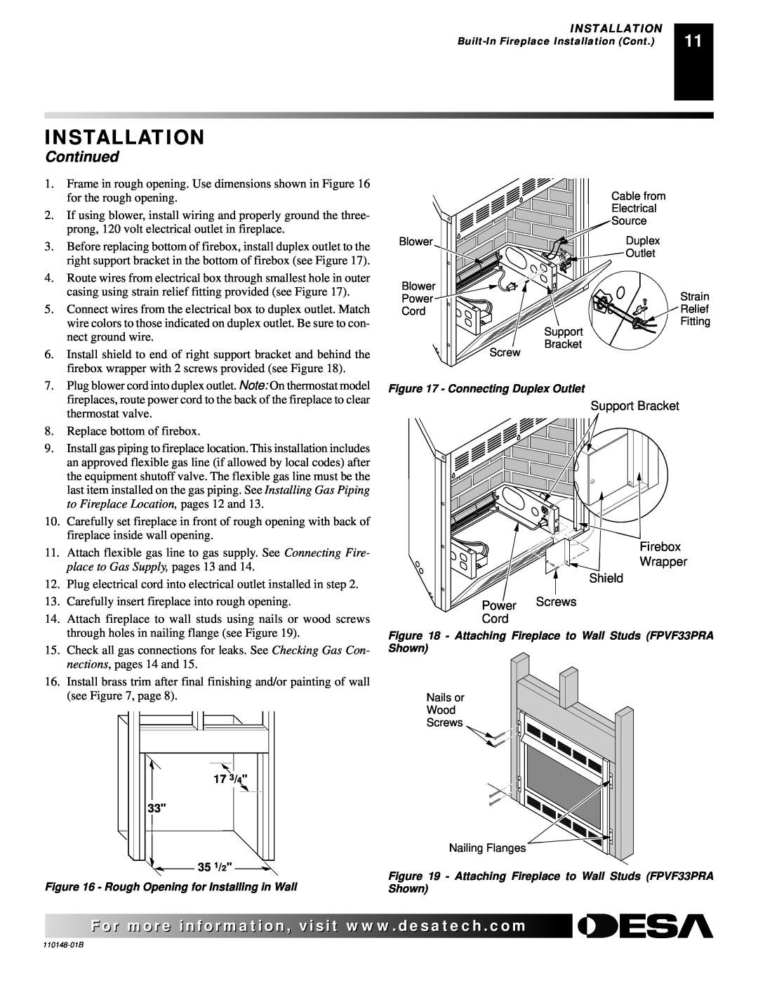 Desa FPVF33NRA, YGF33PRB installation manual Installation, Continued, Replace bottom of firebox 