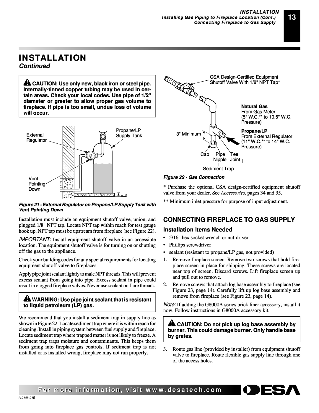 Desa FPVF33NRA, YGF33PRB installation manual Connecting Fireplace To Gas Supply, Continued, Installation Items Needed 