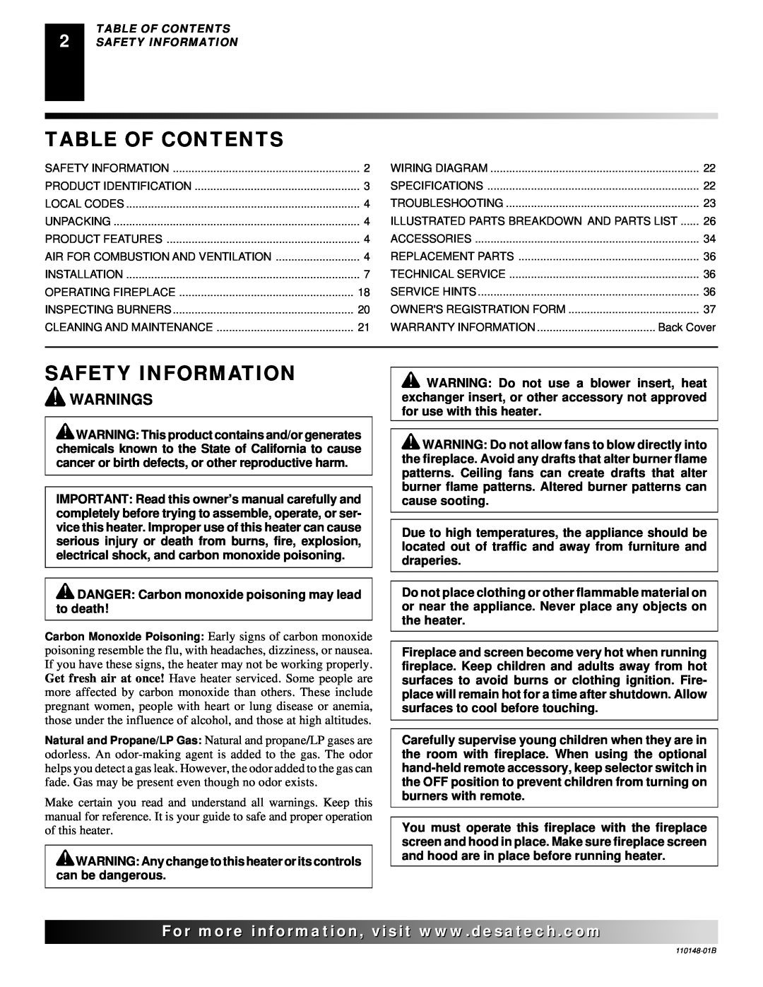 Desa YGF33PRB, FPVF33NRA installation manual Table Of Contents, Safety Information, Warnings 