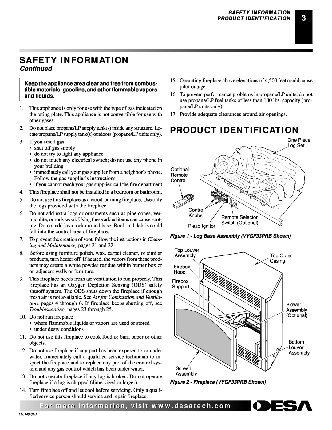 Desa FPVF33NRA, YGF33PRB Product Identification, Continued, ing and Maintenance, pages 21 and, Safety Information 