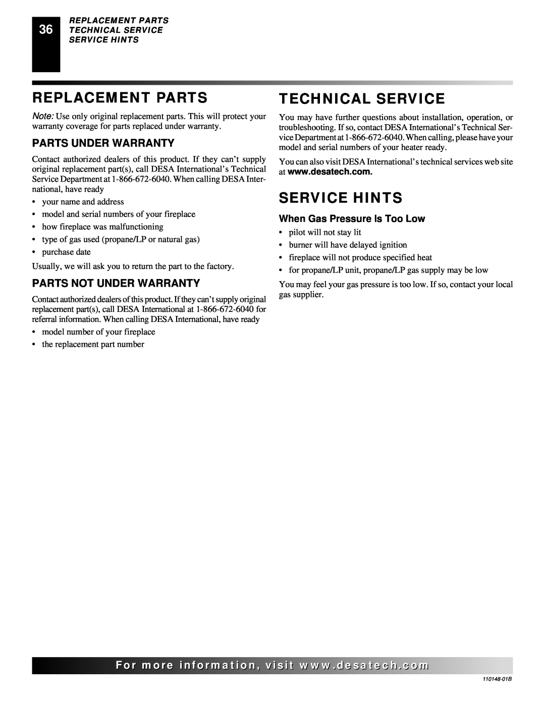 Desa YGF33PRB Replacement Parts, Technical Service, Service Hints, Parts Under Warranty, Parts Not Under Warranty 