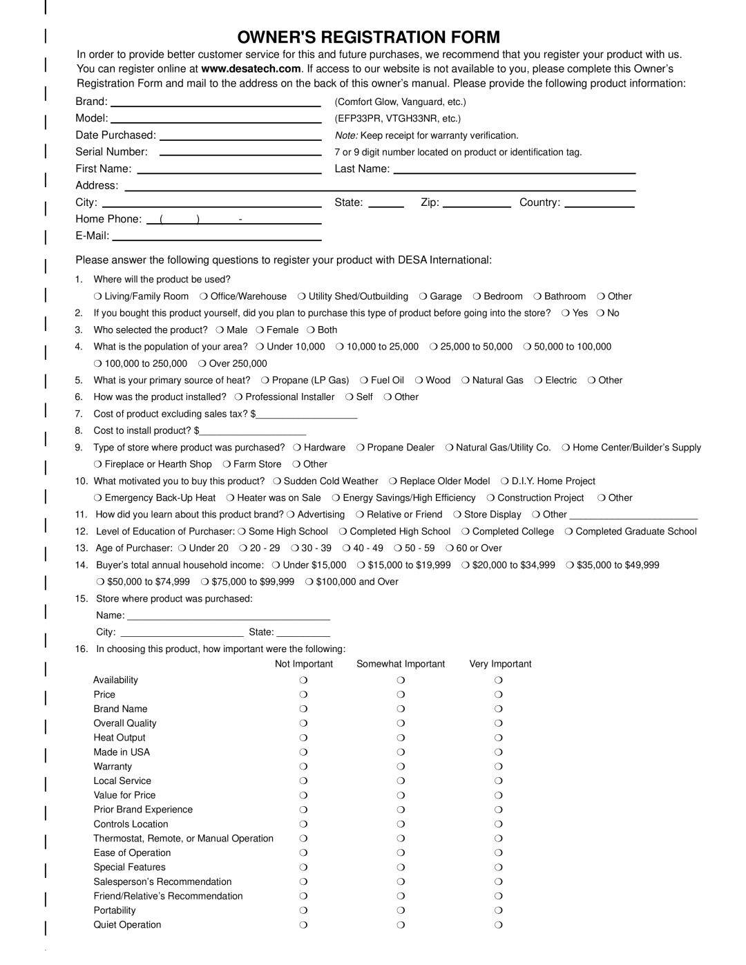 Desa FPVF33NRA, YGF33PRB installation manual Owners Registration Form 