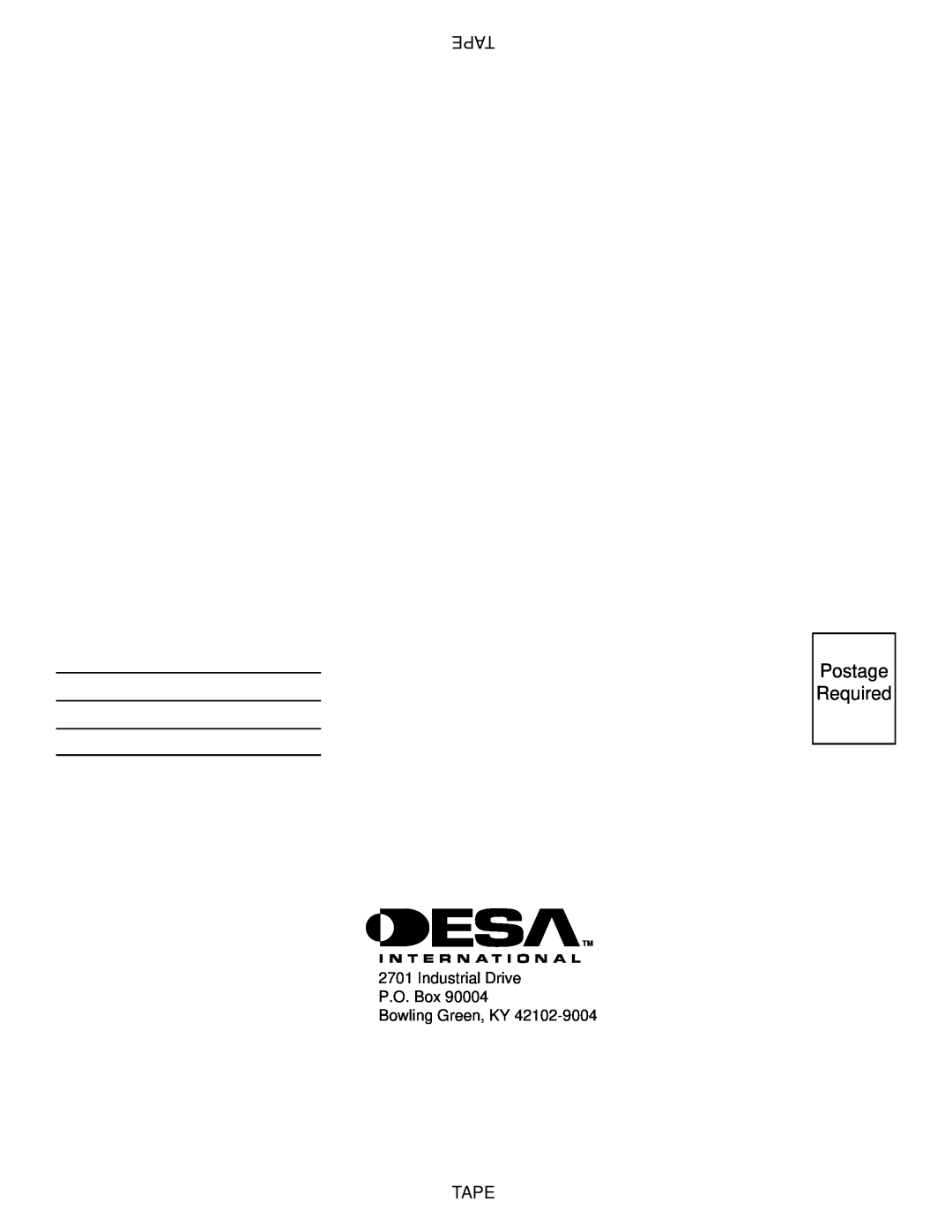 Desa YGF33PRB, FPVF33NRA installation manual Postage Required, Tape 