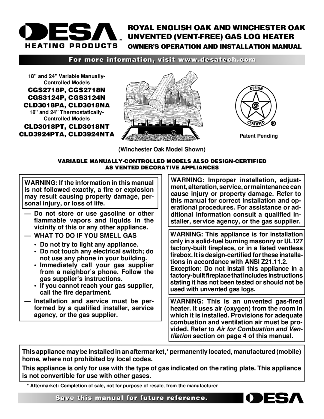 Desa installation manual OWNER’S Operation and Installation Manual, CLD3924PTA, CLD3924NTA, What to do if YOU Smell GAS 