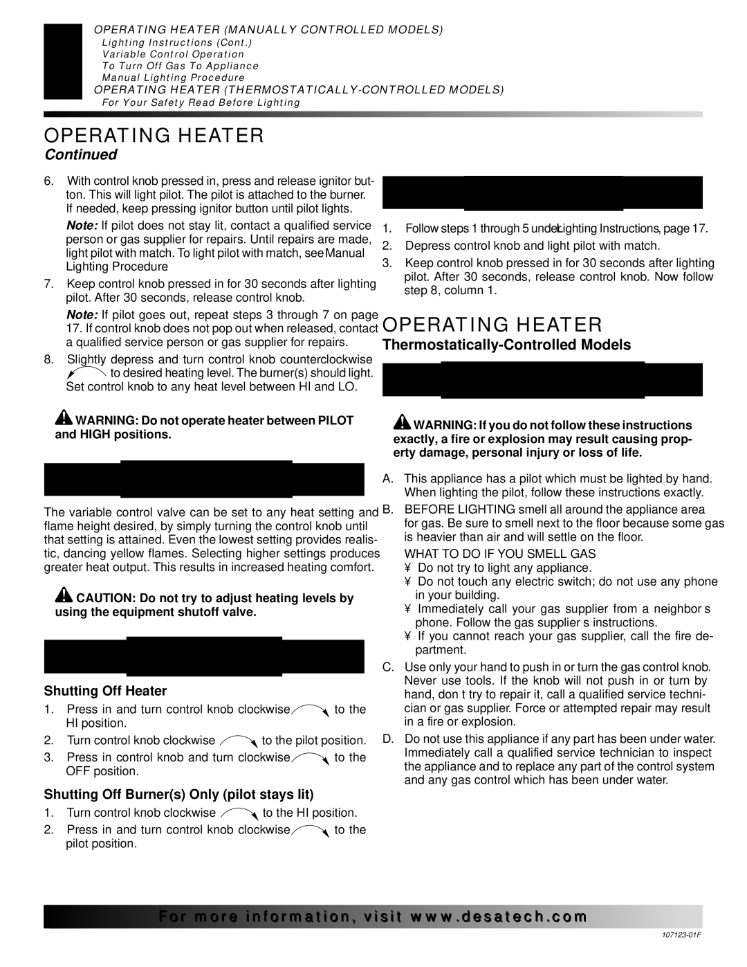 Desa Variable Control Operation, To Turn OFF GAS To Appliance, Manual Lighting Procedure, Shutting Off Heater 