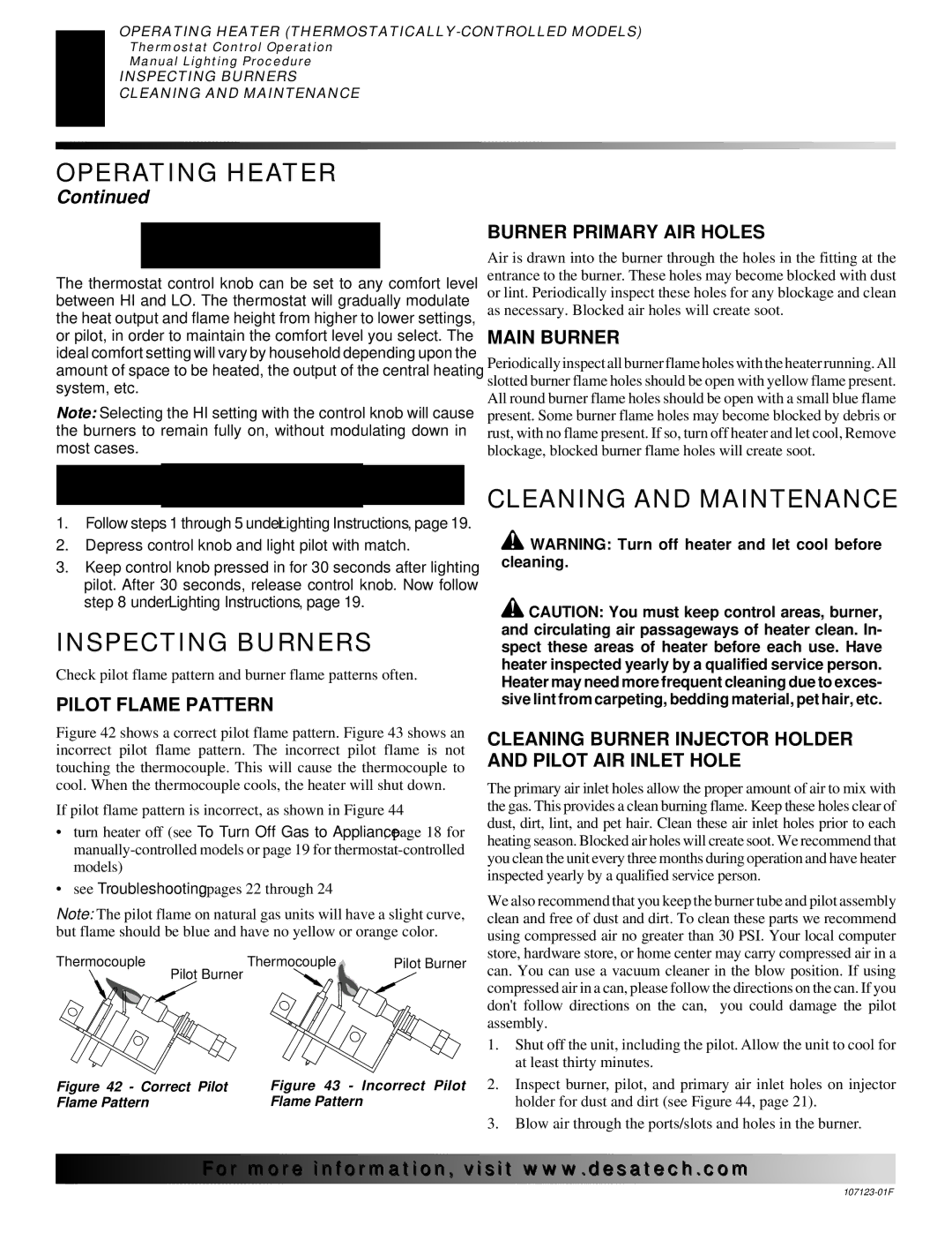 Desa installation manual Inspecting Burners, Cleaning and Maintenance 