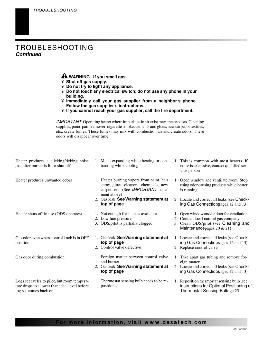 Desa installation manual Top, Gas leak. See Warning statement at top 