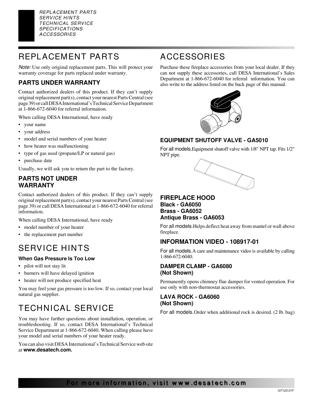 Desa installation manual Replacement Parts, Service Hints, Technical Service, Accessories 